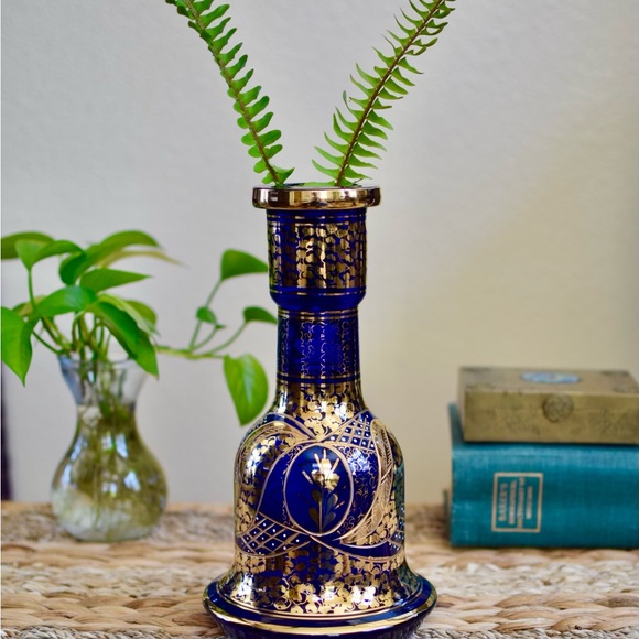19th Century Antique Cobalt Gold Glass Vase Base - Picture 2 of 10